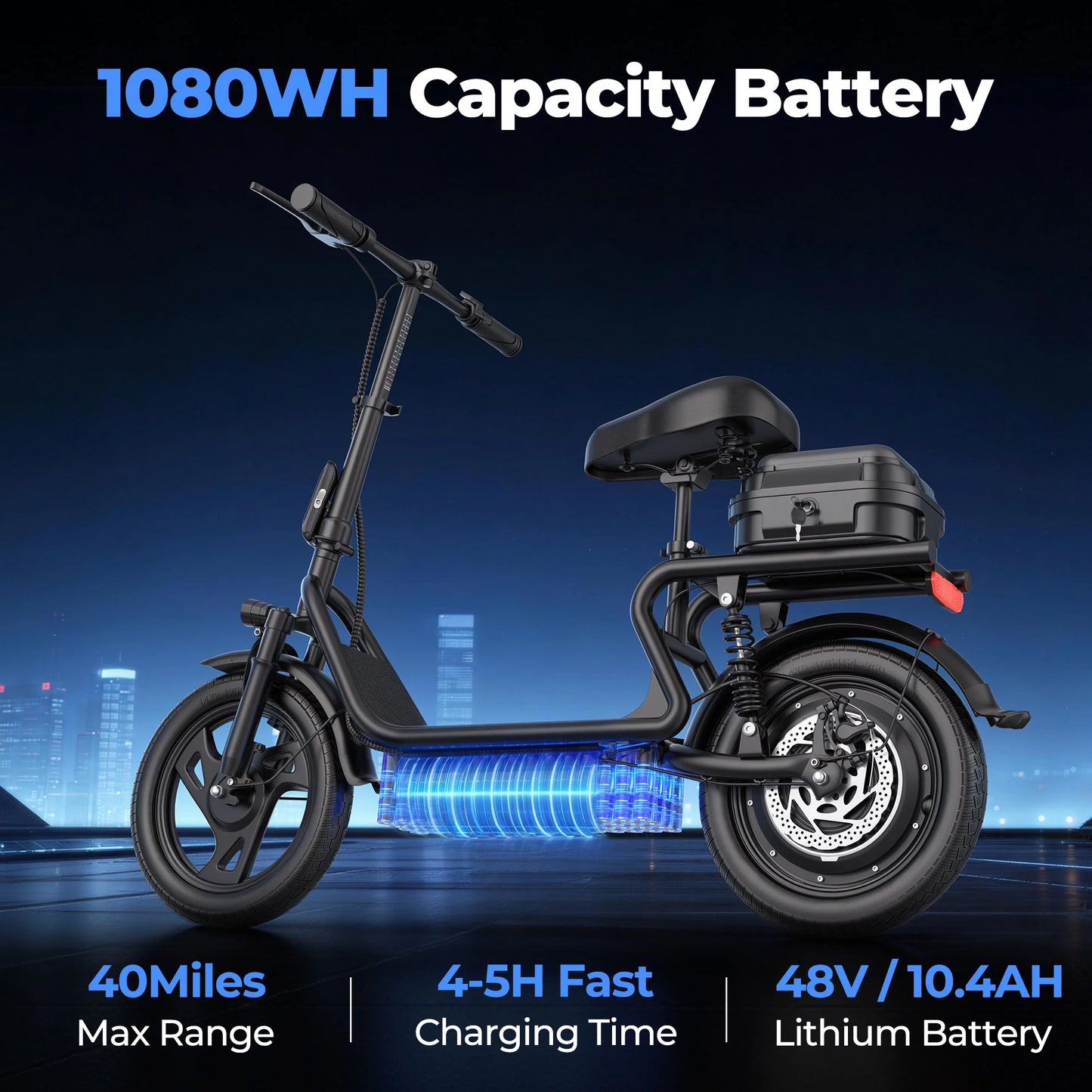Folding Electric Scooter 500W Motor 48V 10.4AH Battery 14-inch Tire Commuter Electric Scooter with Seats Max Range Load-bearing