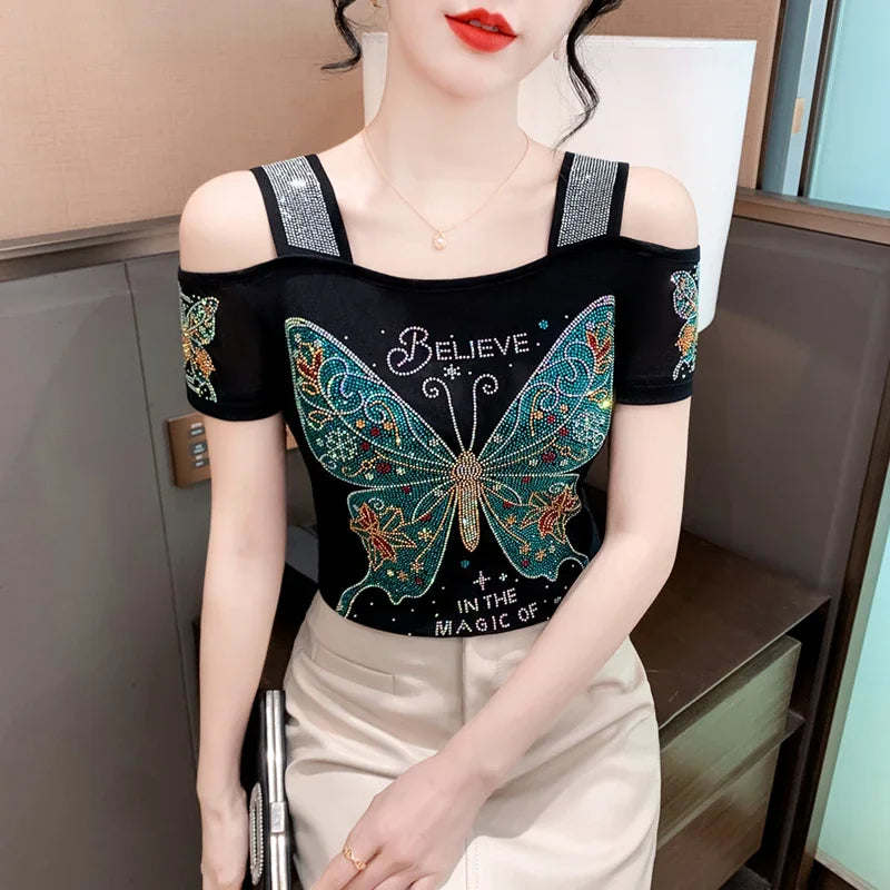 Women's Off-Shoulder Rhinestone Mesh Top