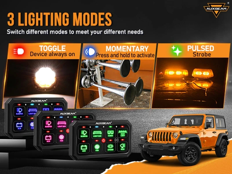 Auxbeam RGB 8 Gang Switch Panel Toggle/Momentary/Pulsed Supported Without App Control (One-Sided Outlet/Two-Sided Outlet)