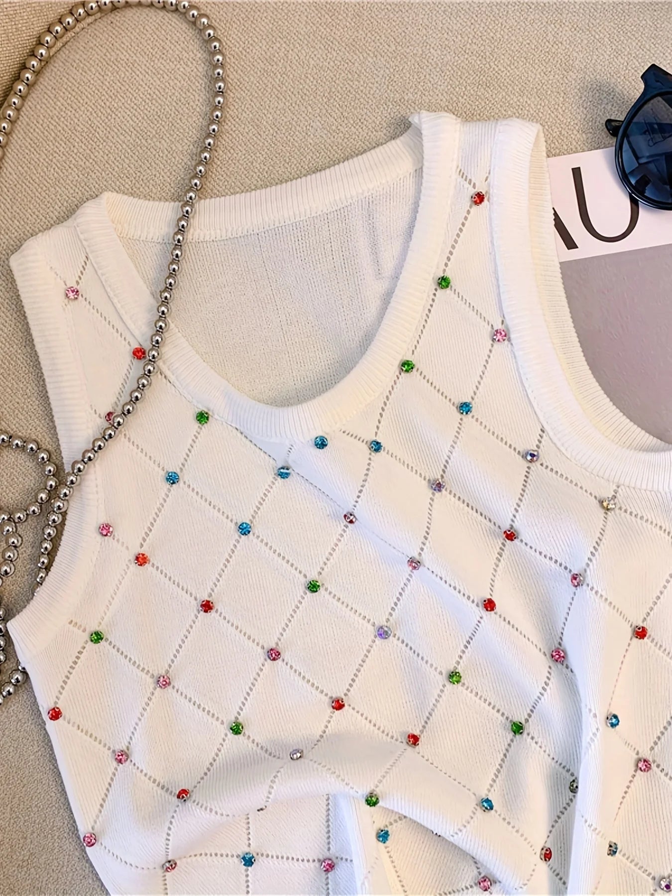 Colorful Rhinestone Knitted Tank Top Casual Crew Neck Sleeveless Tank Top For Summer  Women's Clothing Crop Top Camis