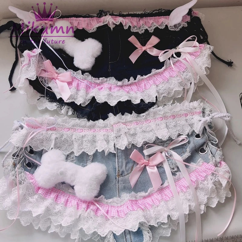 Mikumn Harajuku Y2k Women Sexy Lace Shorts Punk Girls Sweet Bow Angel Wing Bone Lace-up Low Waist Denim Shorts Jeans Streetwear
