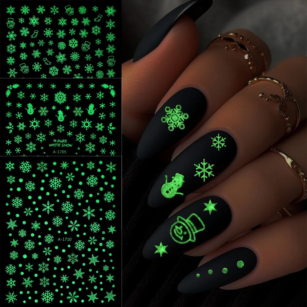 12pcs/set Gold Laser Snowflake Nail Stickers Set 3D Luminous Snowflakes Adhesive Nail Decals Winter Snowman Elk Maniucre Decorat