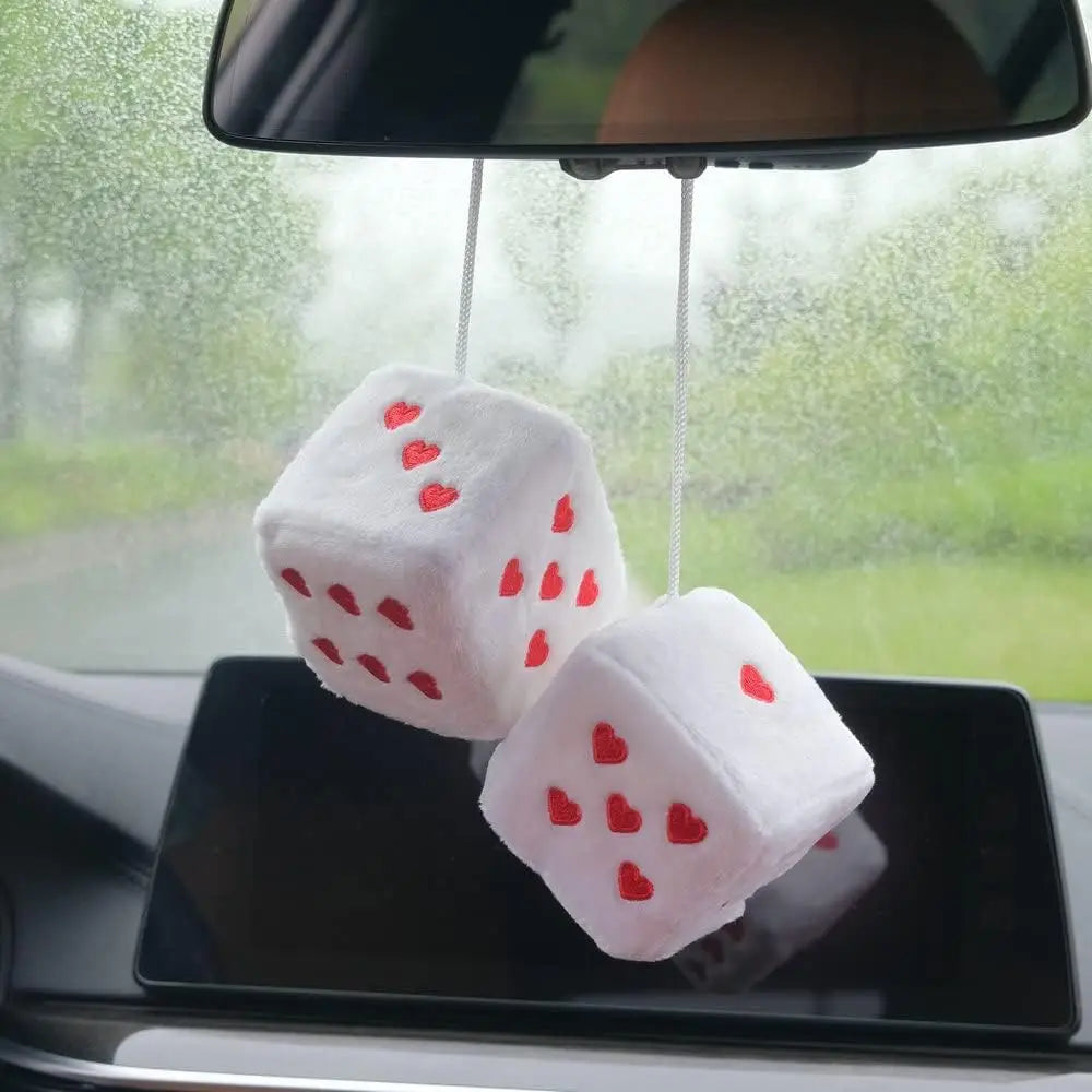 1 Pair 7cm Fuzzy Plush Dice Heart Shape Decor for Car Rearview Mirror, Retro Square Decoration Dice for Car Hanging Accessories