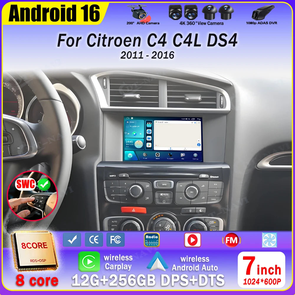 7" Car Stereo with Apple CarPlay & Android Auto, Compatible with Citroen C4, C4L & DS4