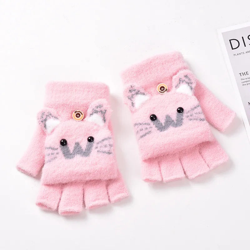 Kids Flip-Top Faux Fur Mittens - Cartoon Knit Winter Gloves - photo 10