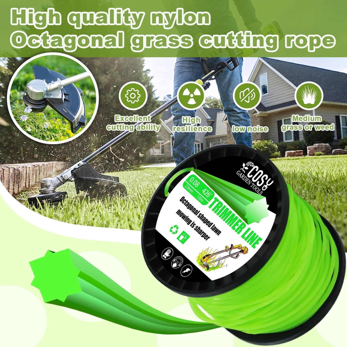 TSES 59m~130m Green String Trimmer Line Roll Durable Octagonal Shape Nylon Weed Whacker Line Strimmer Line Rope