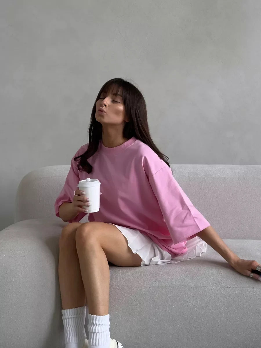 Hirsionsan Summer Casual Oversized T-shirts Women 100% Cotton Pink Loose Tees 2026 New Cusual Solid O Neck Female Aesthetic Tops
