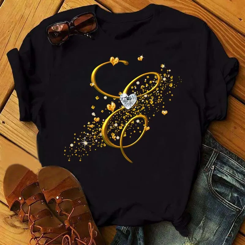 Women's Personalized Letter Graphic Tee — Gold Diamond-Font Monogram Short-Sleeve Top