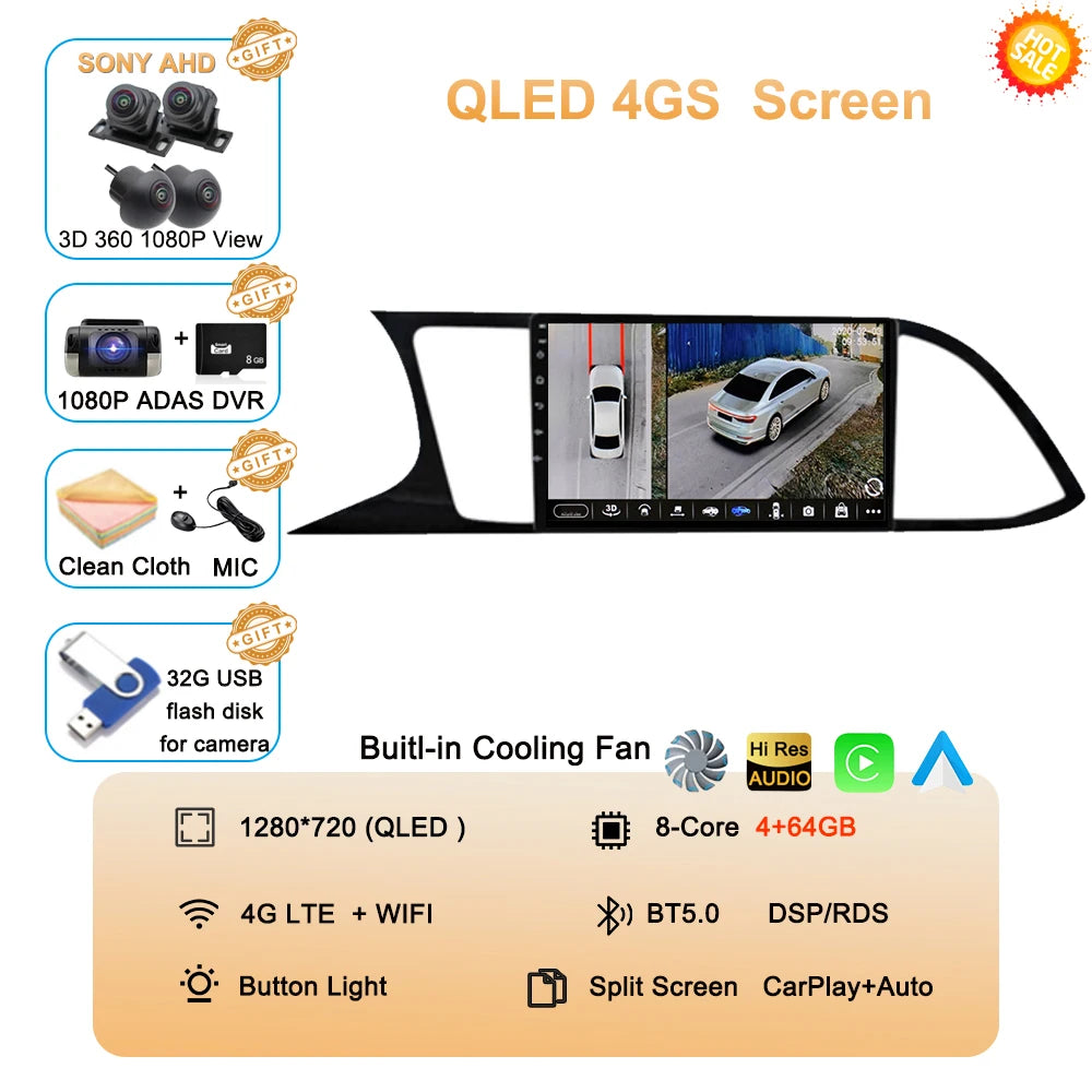 Android Car Stereo for Seat Leon 3 MK3 (2012–2020) — CarPlay, Android Auto, GPS, 4G, 360° Camera Ready