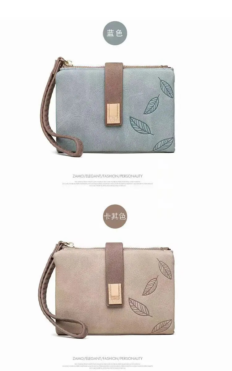 Spring/Summer 2026 new women's short wallet, high-quality PU hardware leaf buckle, solid color zipper, student coin coin purse,