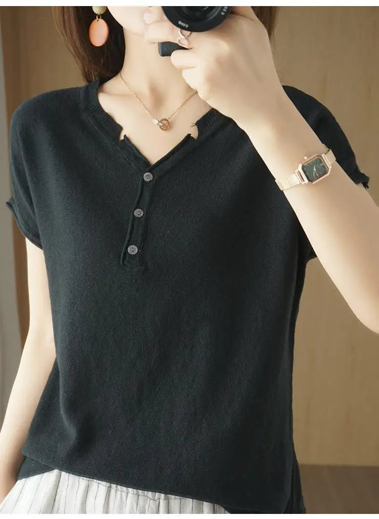 Summer 100% pure cotton women's T-shirt V-neck knitted short sleeved loose Tees solid color pullover button Tops basic versatile