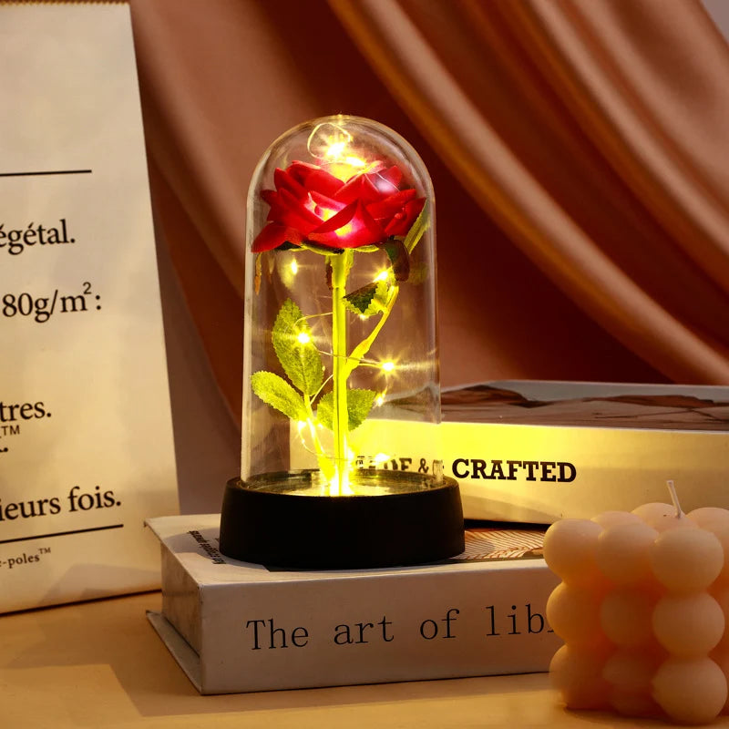 Artificial Rose Flowers Eternal Rose LED Light Foil Flower in Glass Cover Simulation Rose Flower Christmas Teachers' Day Gifts