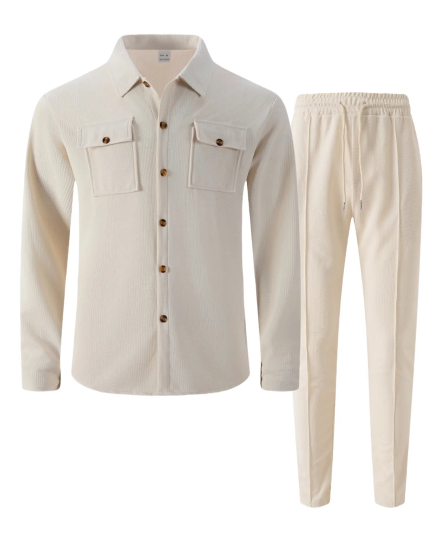 Men's casual two-piece waffle texture suit (including button-down top and elastic waist pants) - fashionable street casual sport