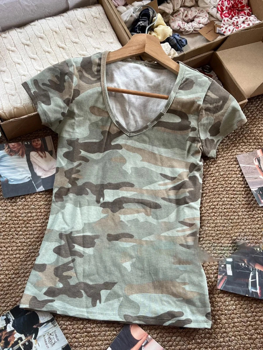 Camouflage Thin Short Sleeve T-shirt Women V-neck Cotton Slim All-match Tee Shirts Female Streetwear Vintage Y2k Tops Summer New