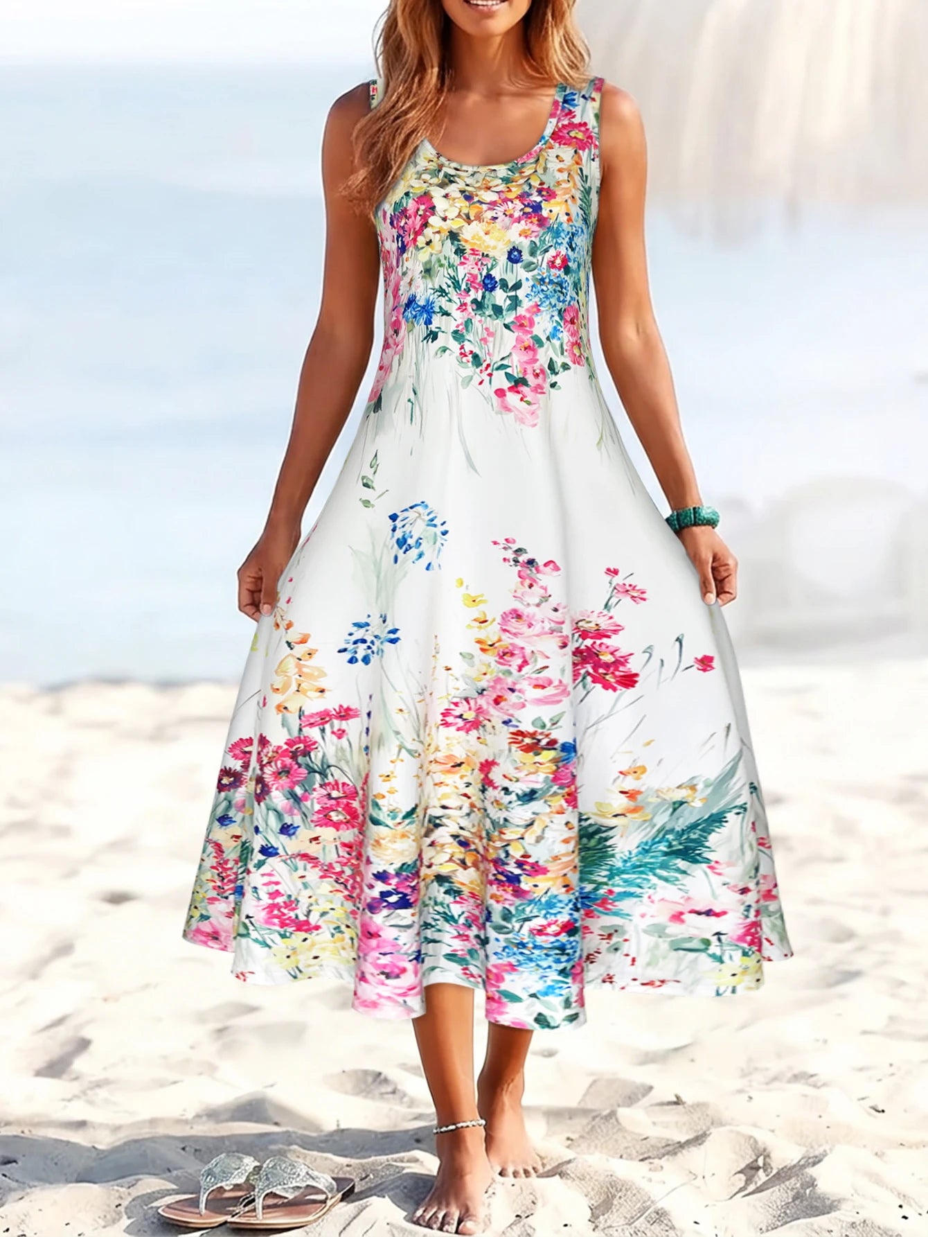 Women's Watercolor Print Sleeveless Midi Dress – Round-Neck Loose A-Line Summer Sundress