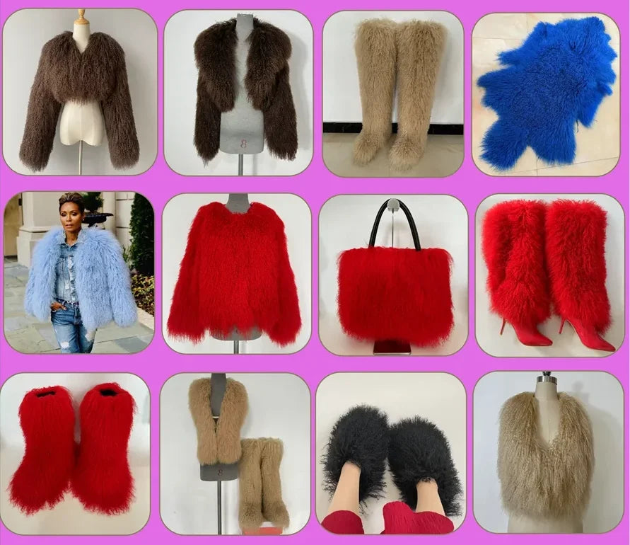 Fluffy Luxury  Real Mongolian Fur Halter Vests Women Solid Deep V-Neck Backless Bandage Sleeveless Jackets Top Outerwear Coat