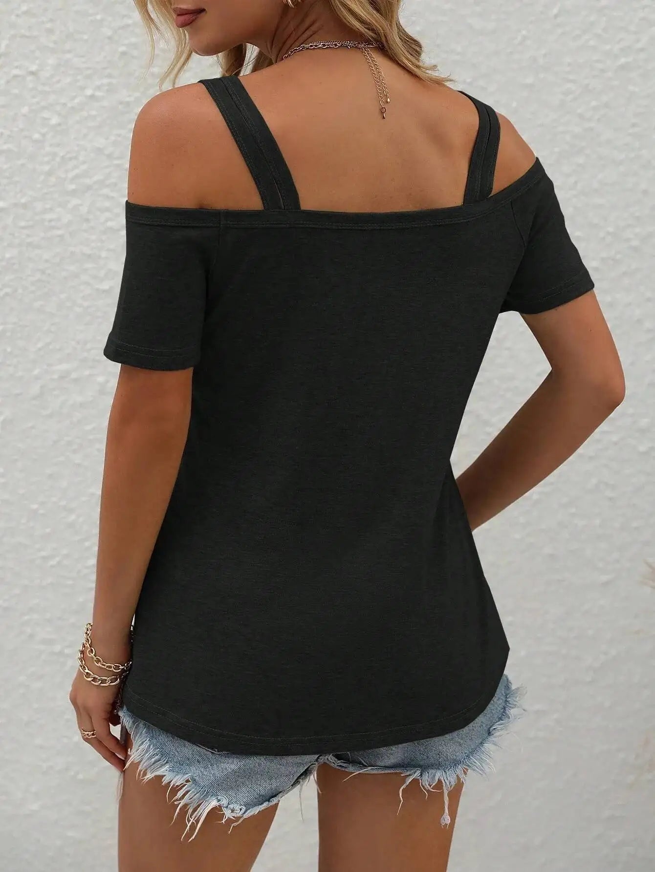 Women's T-shirt Spring Summer Black Cold Shoulder Double Strap Cutout Neck Short Sleeve Valentine's Day Casual Sexy Daily Top