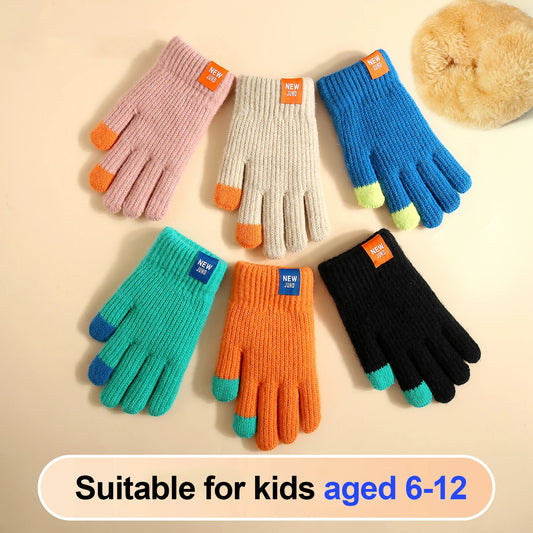 Kids Fleece Lined Knit Gloves - Winter School Gloves 6-12 Years