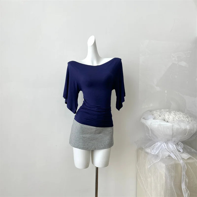 Women's Summer High Stretch Slash Neck Flare Sleeve Slim T Shirt Lady Sexy Pleated Slim Solid Color Pullover Tee Top