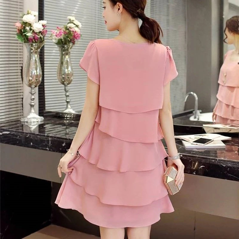 Women's Ruffle Chiffon Mini Dress — Sweet Solid Short-Sleeve O-Neck Dress