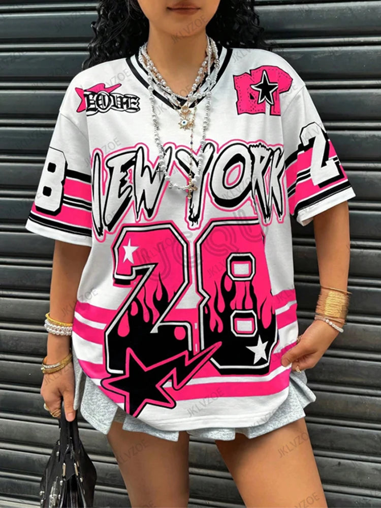 Oversized T-shirt For Women V-Neck Short Sleeve Summer Patchwork New York 28 Print Casual Tees Sports Football Jersey Y2k Tops