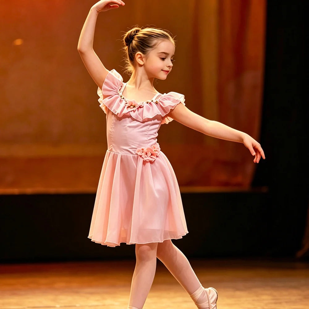 Girls pink chiffon long-skirt ballet dress