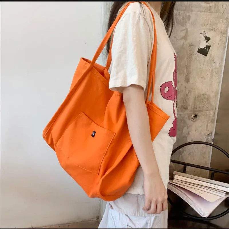 Women's Canvas Tote Bag – Reusable Shoulder Handbag with Letter Detail | Casual Daily Bag