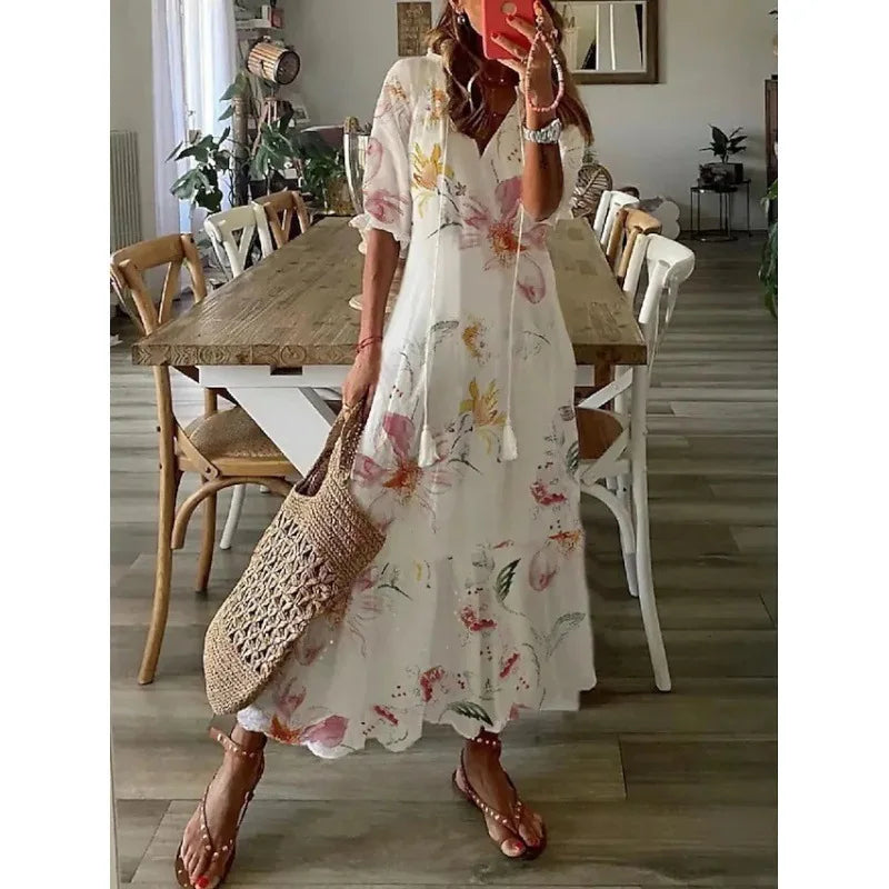 2026 Women Vintage Print Bohemian Dress Summer Fashion V Neck Half Sleeves Long Dresses Female Casual Holiday Beach Dresses