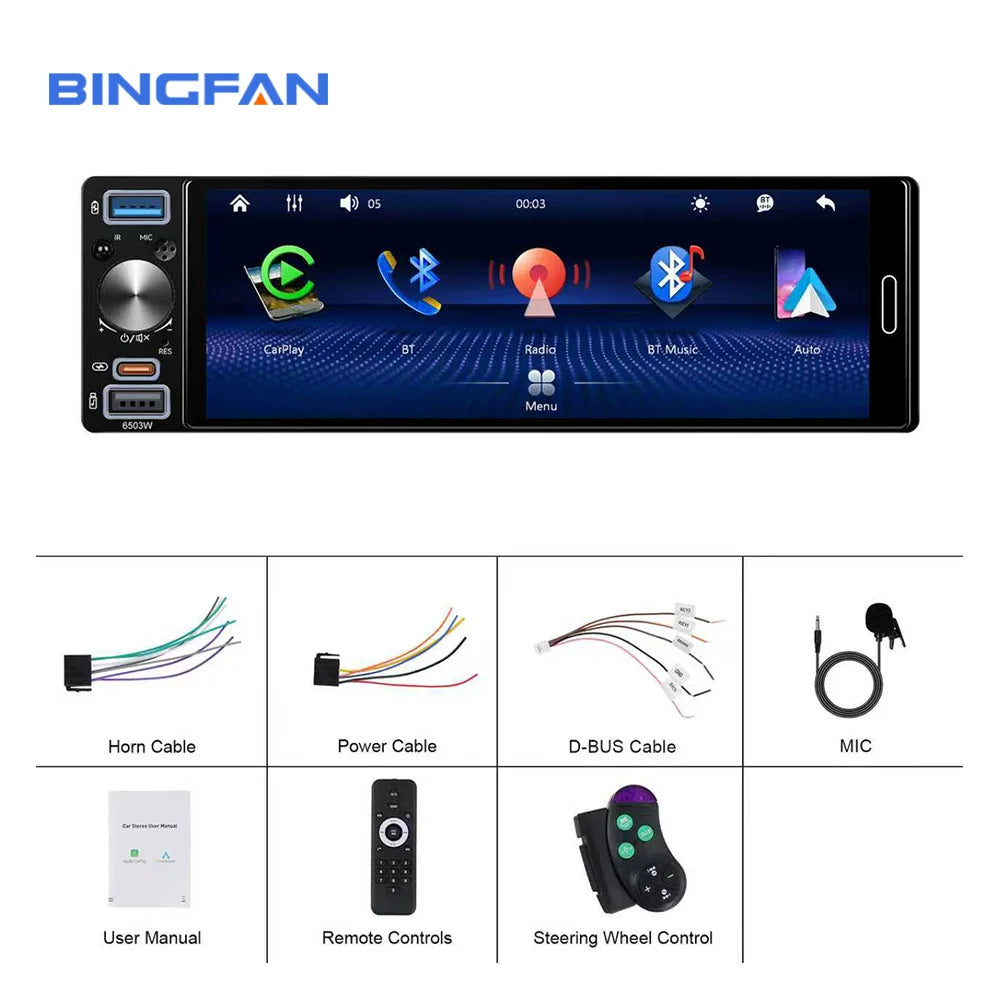 6.5" 1 DIN Universal Car Stereo with Apple CarPlay & Android Auto (MP5)
