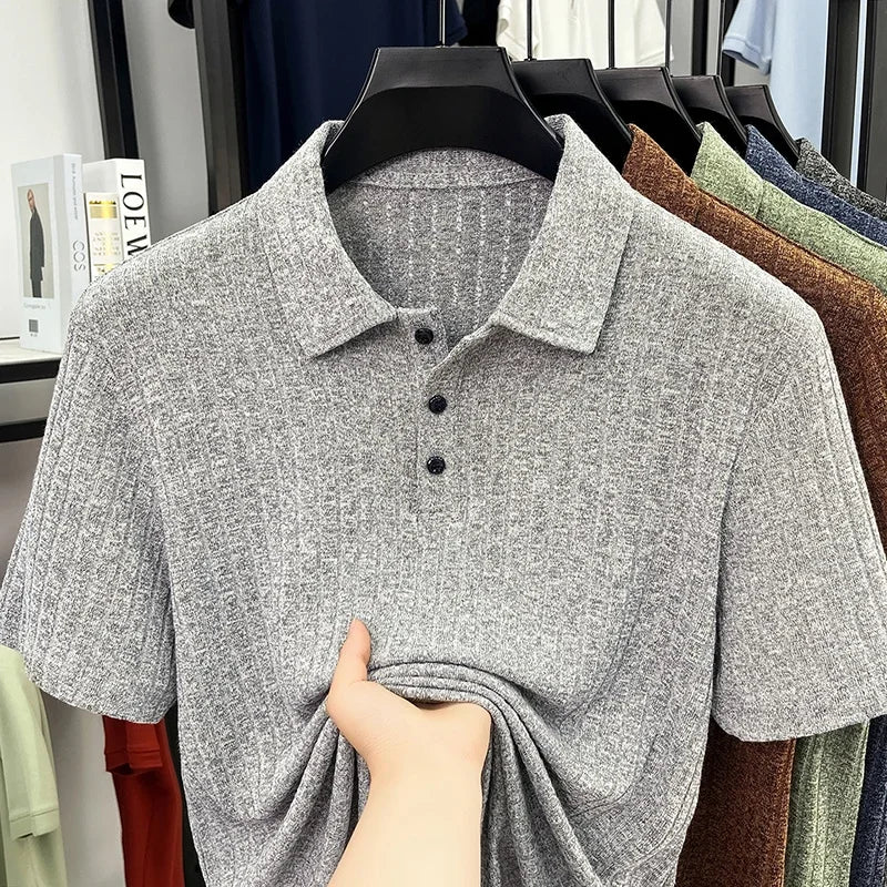 Men's Ribbed Knit Polo Tee - Soft Stretch, Three-Button Lapel