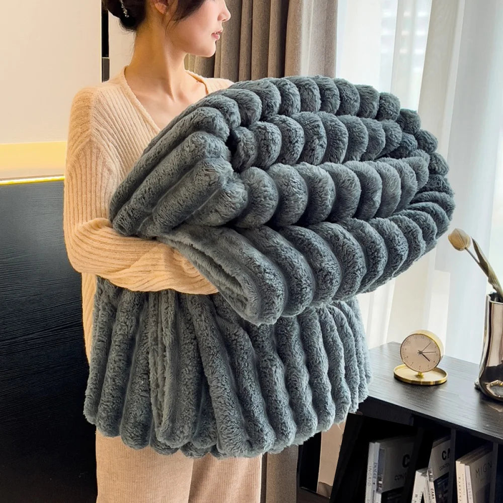 Striped Fluffy Throw Blanket, 250 GSM Soft Bed Blanket