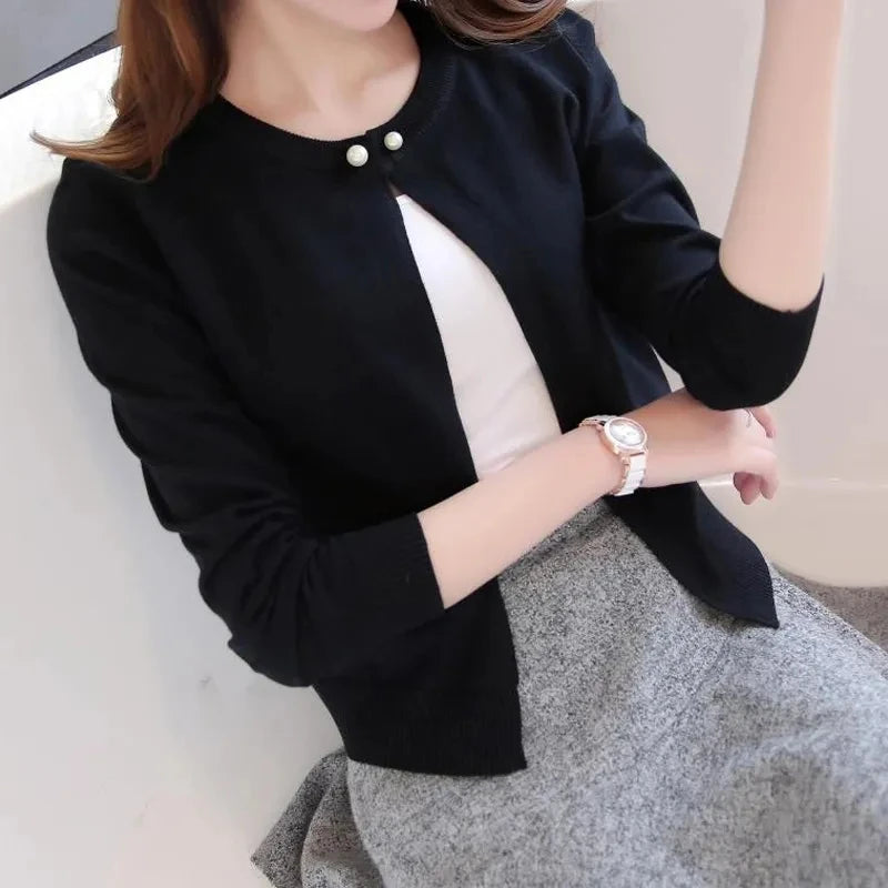 Women's Short Knit Cardigan - Casual Crew Neck Sweater Top - photo 2