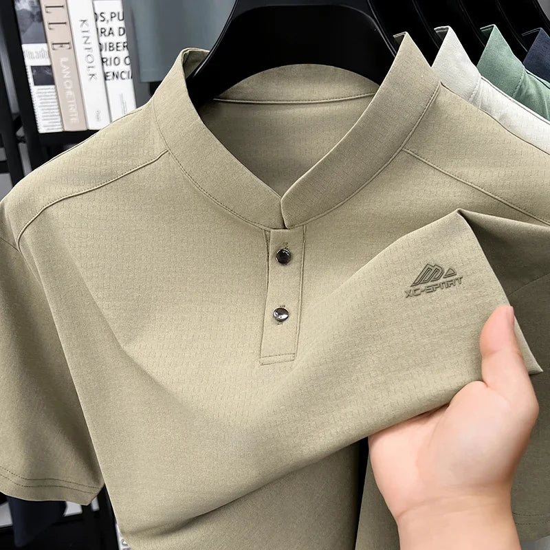 Men's Sport Mandarin Collar Polo - Breathable Mesh, Button Placket