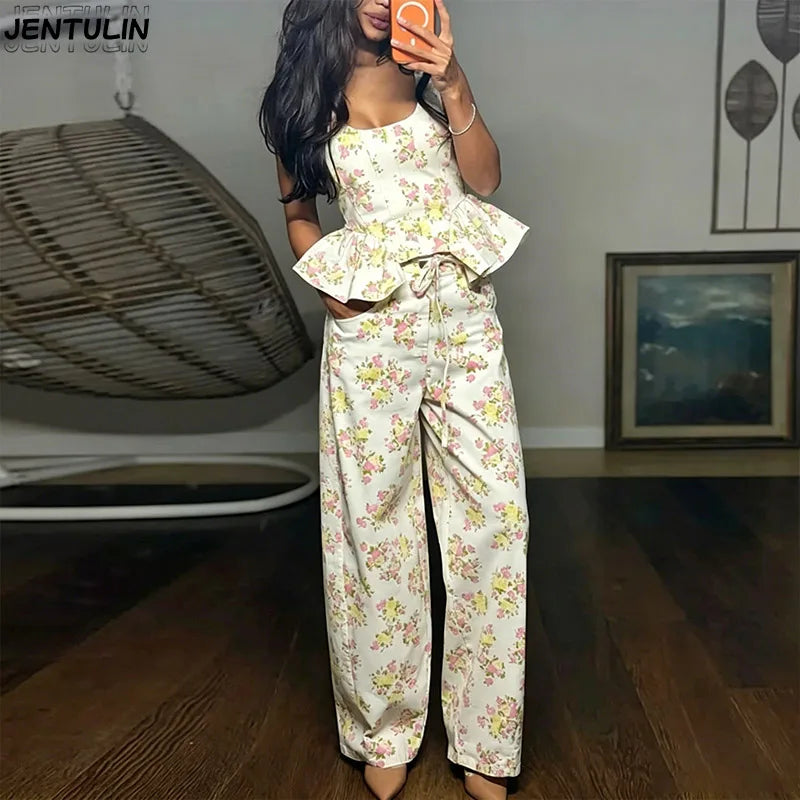 Printed Vest & Ruffle Wide-Leg Pants Set — Women's 2-Piece