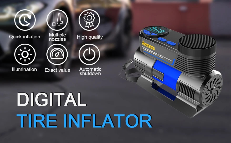 Portable Tire Inflator Air Compressor for Car, DC 12V Auto Tire Pump with Digital Pressure Display
