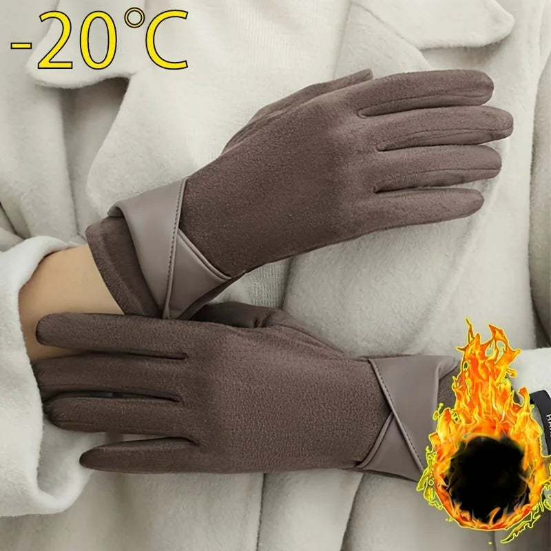 [Thermal Winter Gloves] Women's Thermal Winter Gloves - 1 Pair Elegant Brown with Beige & Grey | Soft Warm Lining
