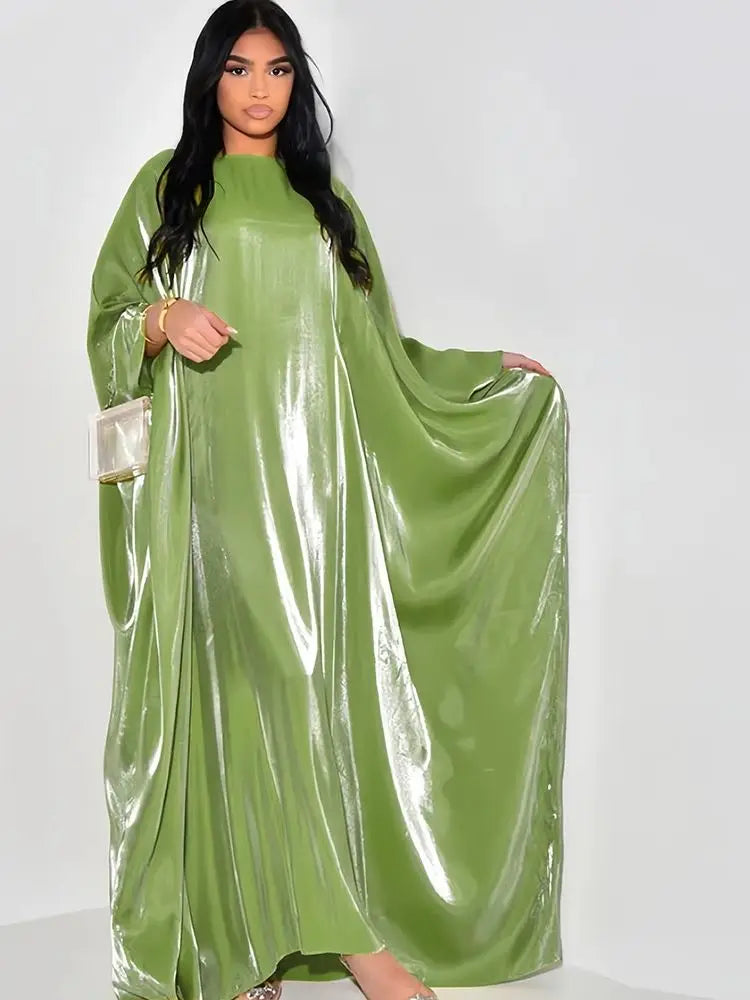 Shimmer Batwing Satin Abaya – Luxury Muslim Kaftan Dress for Eid & Ramadan