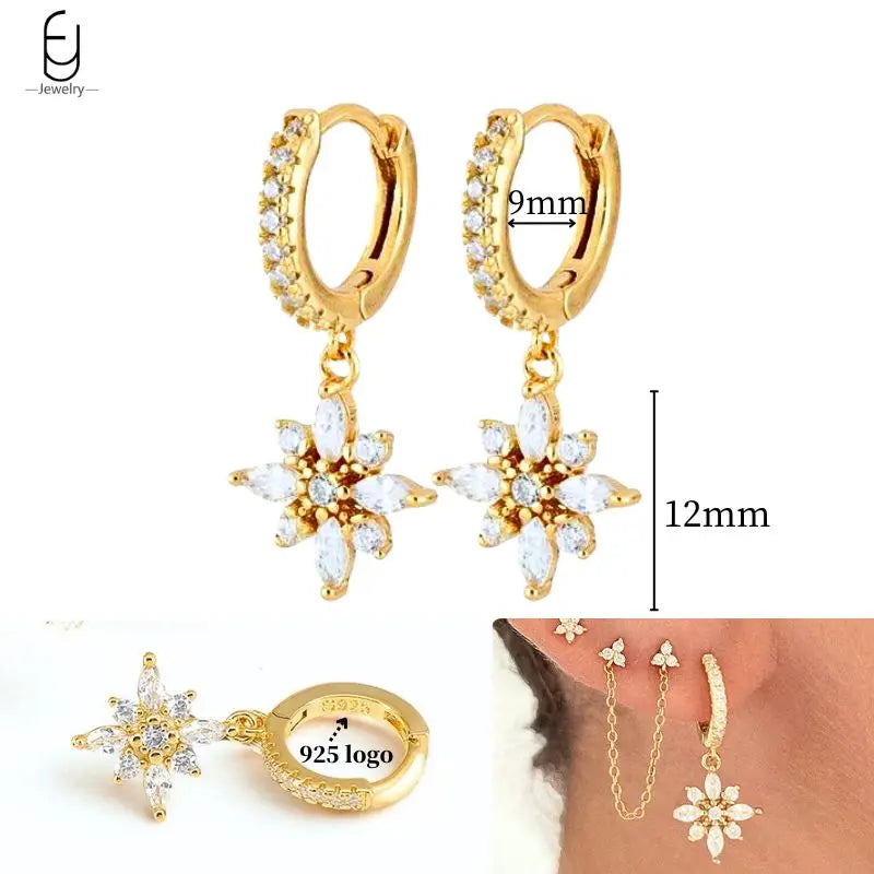 925 Sterling Silver Crystal Drop Earrings for Women - Heart & Flower Studs
