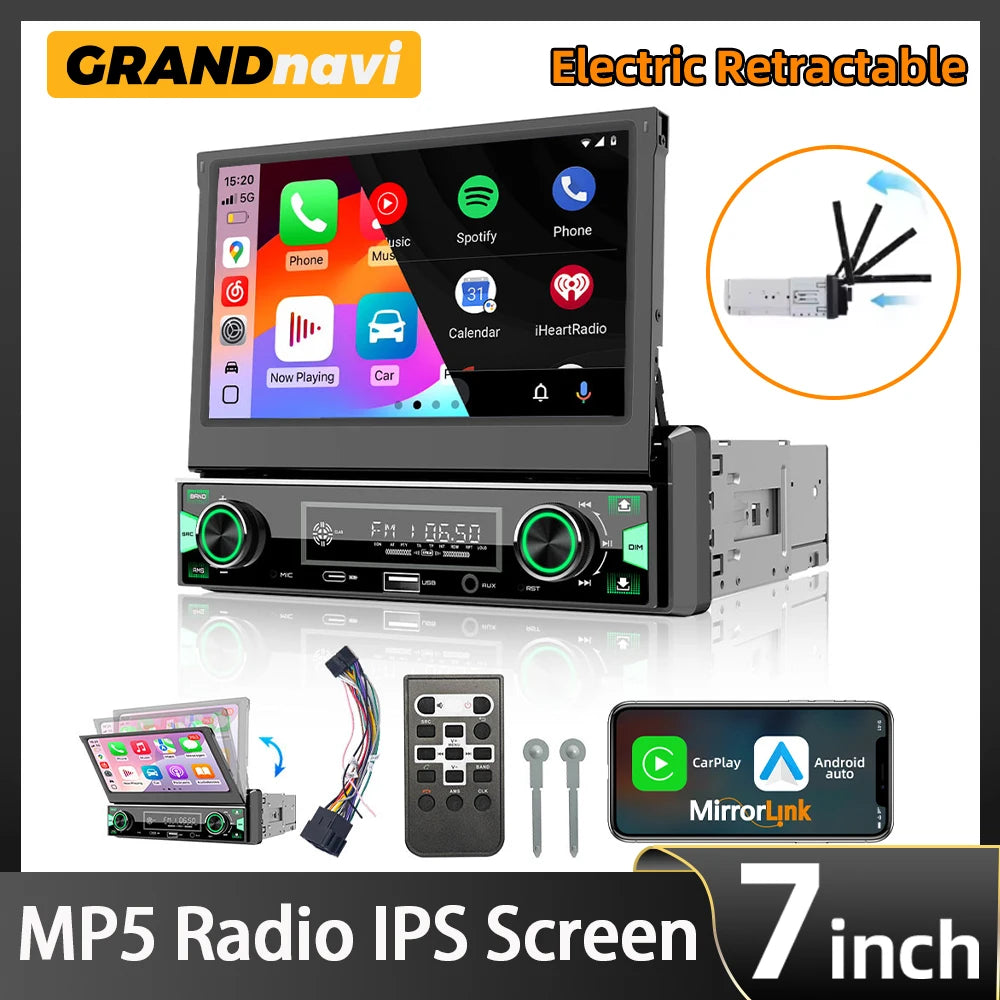 1-DIN 7" Retractable Touchscreen Car Stereo — Wireless CarPlay, Android Auto, GPS, FM/AM RDS