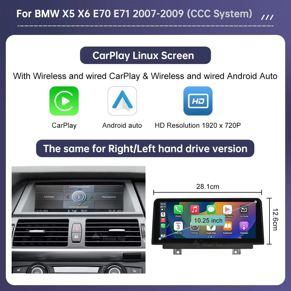 Wireless CarPlay & Android Auto Display Screen, Compatible with BMW X5 E70 & X6 E71 (CCC/CIC)