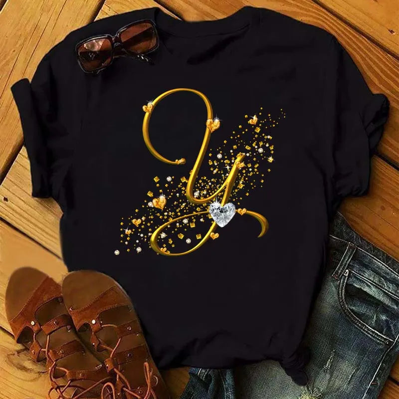 Women's Personalized Letter Graphic Tee — Gold Diamond-Font Monogram Short-Sleeve Top