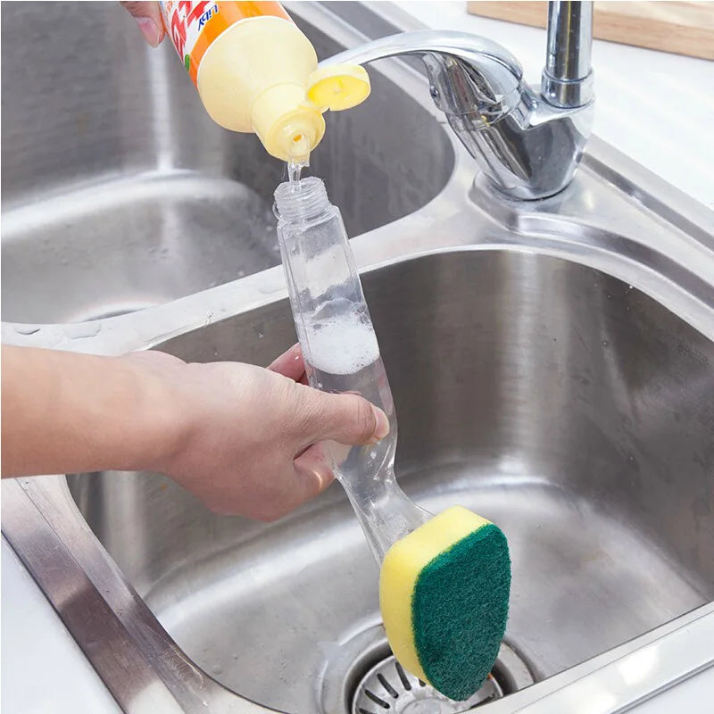 Sponge Pot Brush – Powerful Stain Removal, Automatic Liquid Dispensing, Handle, Oil-Resistant
