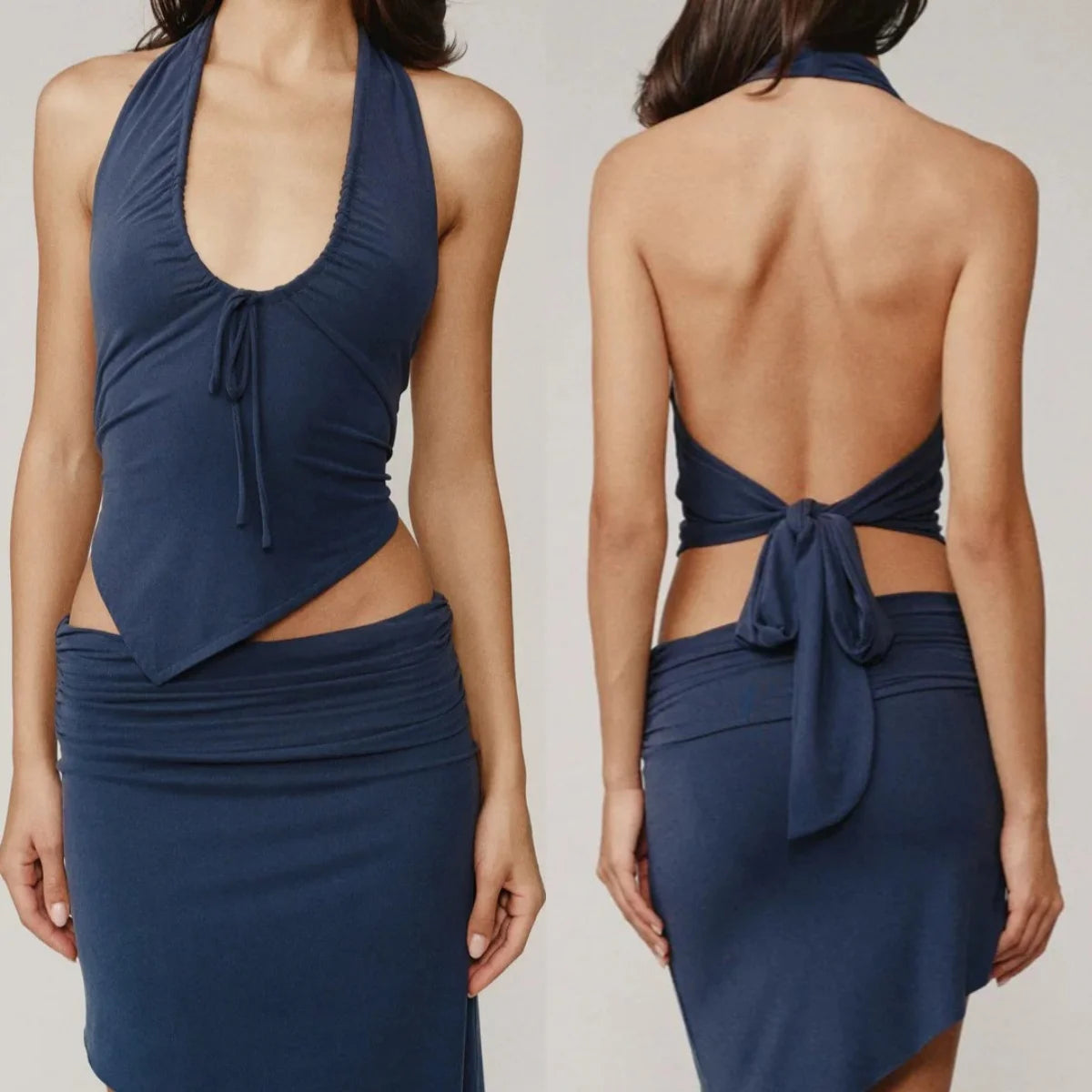 Deep-V Halter Top with Back Tie — Women's Backless Crop Top
