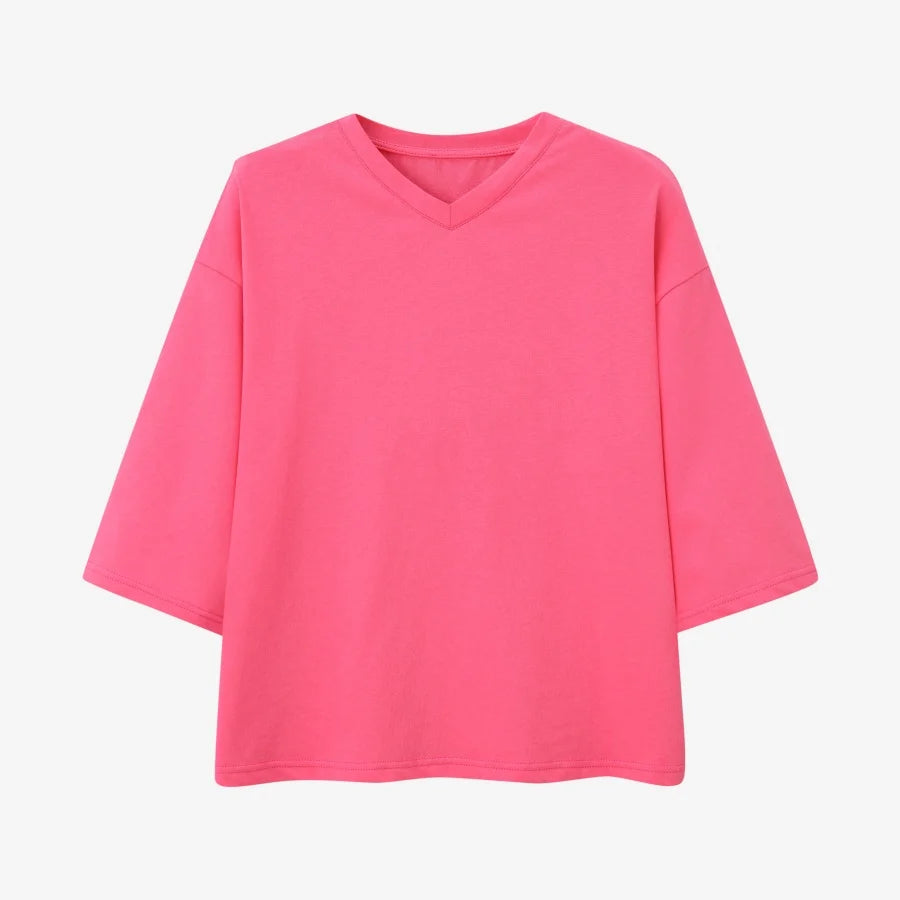 AS 2026 summer loose design drop sleeves boxy Tee V neck casual style  high quality  fabric woman clothes