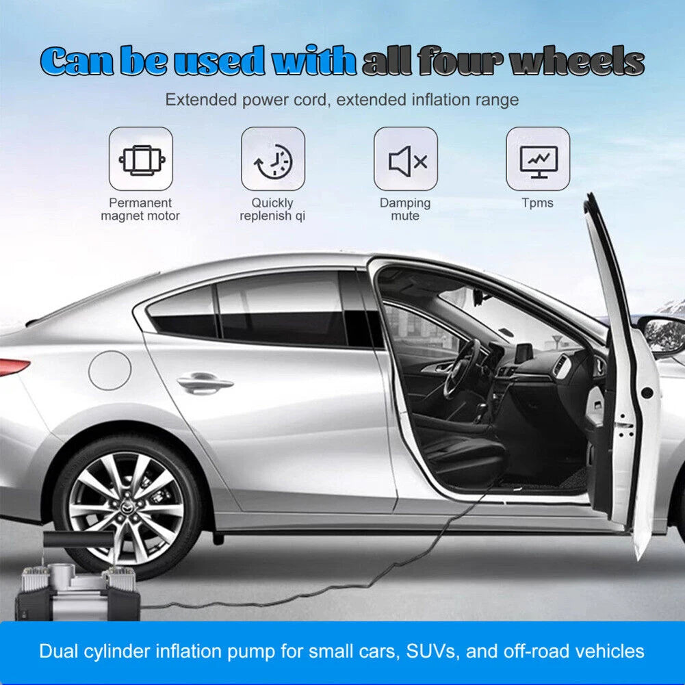 12V Portable Dual Cylinder Air Pump Heavy Duty Car Truck Air Compressor Dual Cylinder Tire Inflator Electric Car Tyre Inflator