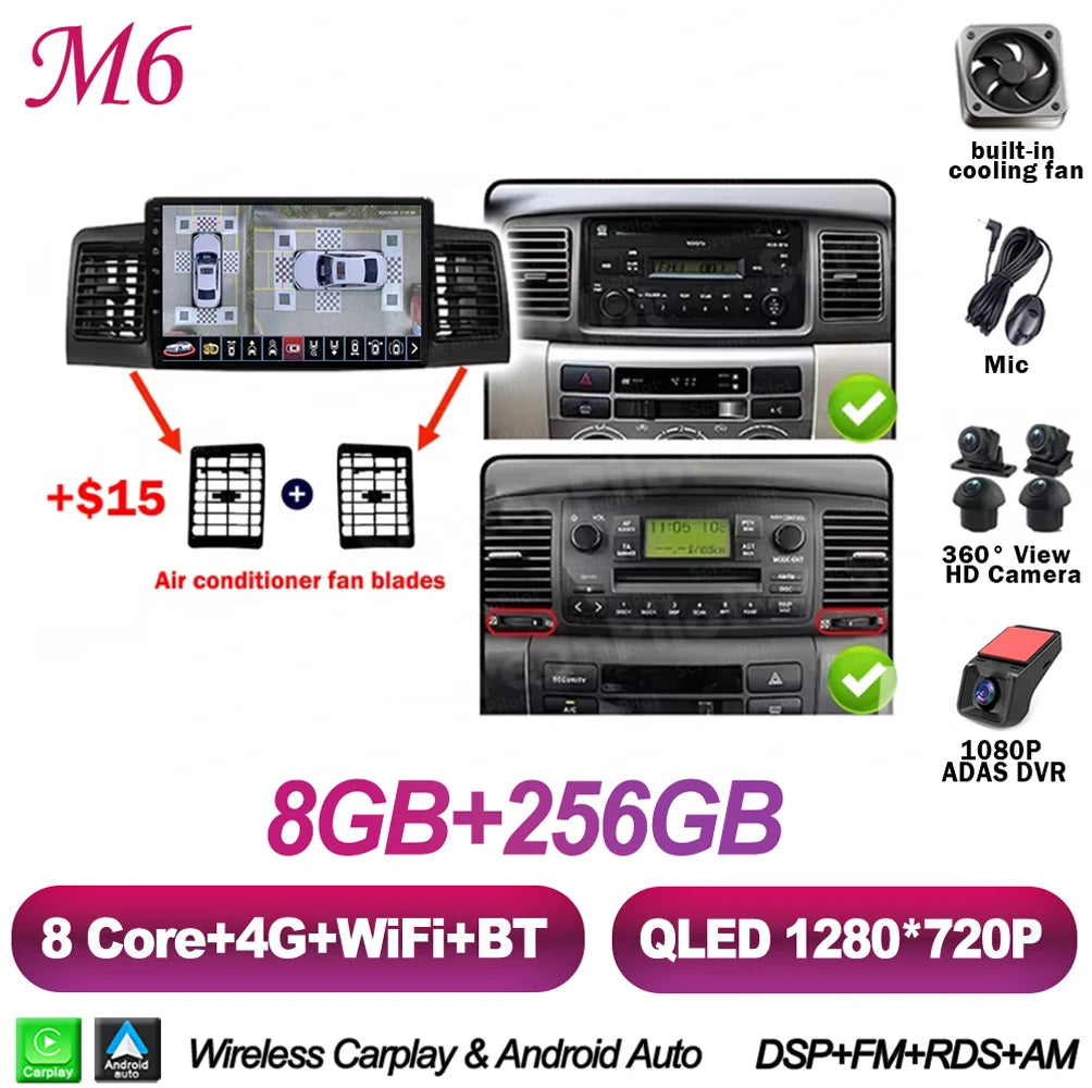 For Toyota Corolla E130 E120 2000-2006 Android 16 Multimedia Video Player  Carplay Touch Screen RDS 8 Core 5G Bluetooth 2din DSP
