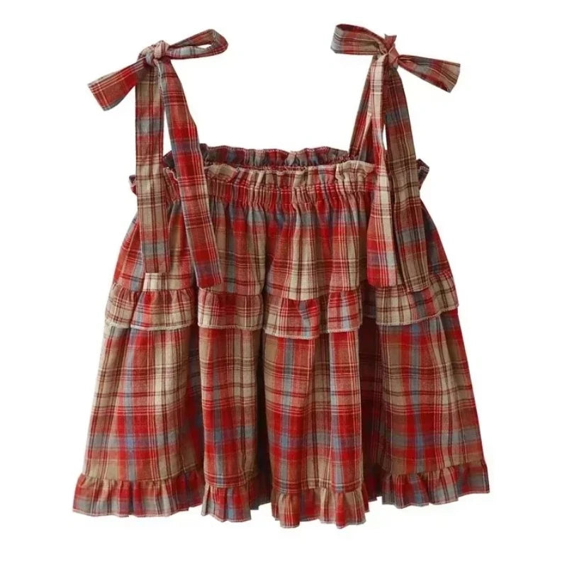 Women's Y2K Vintage Plaid Lace-Up Strap Sleeveless Crop Tank Top – Acubi Japan Green Streetwear