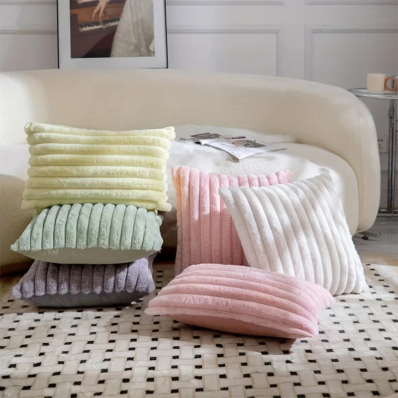 Fuzzy Striped Throw Pillow Cover - Soft Plush Cushion Case for Sofa - photo 4