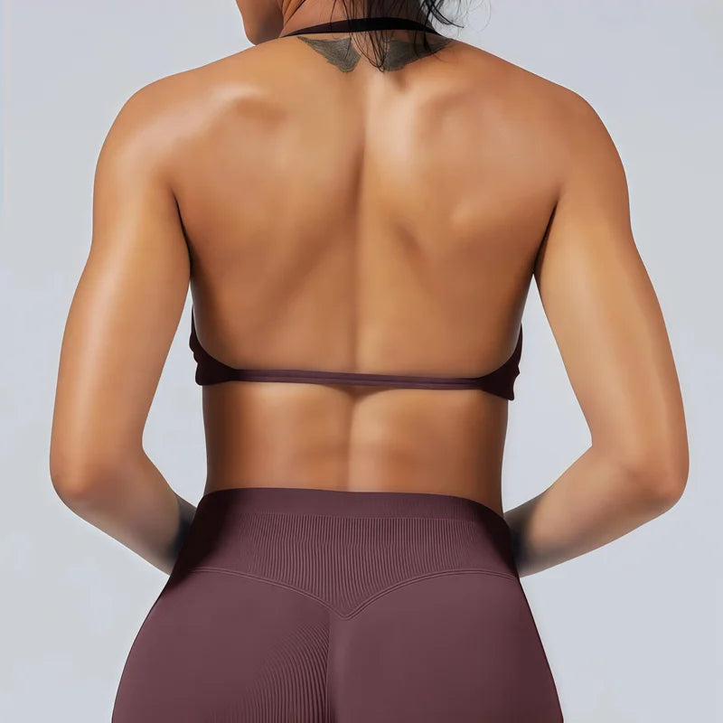 HISTELLO Df Solid Color Impact Strappy Bra Women Seamless Yoga Underwear Fitness Workout Halter Top Running Gym Sports Bra
