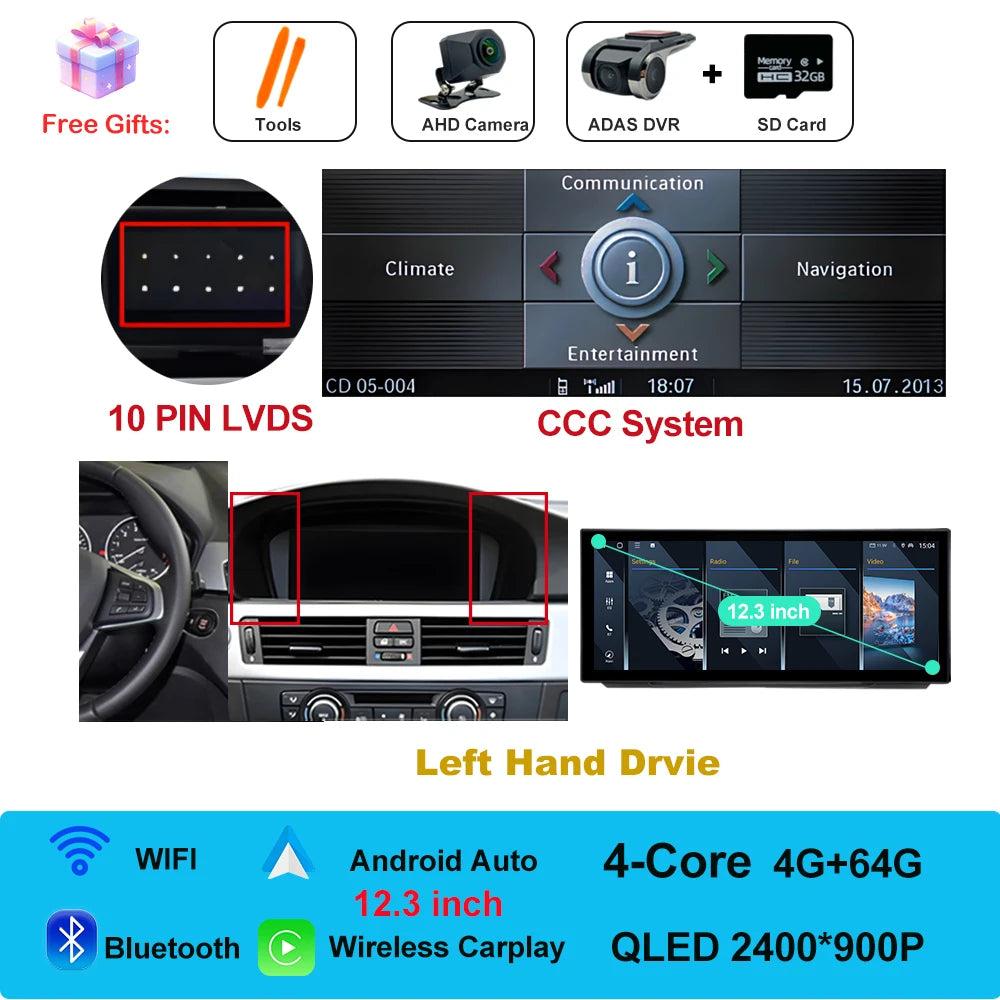 Car Stereo with Apple CarPlay & Android Auto, Compatible with BMW 3 Series E90 E91 E92 (CCC/CIC)